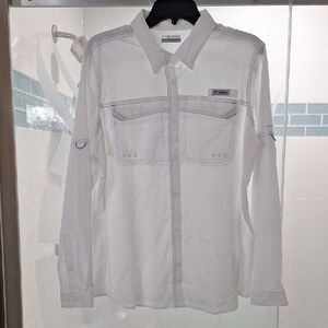 Columbia White Casual Button Down Shirt with Roll-Up Sleeves